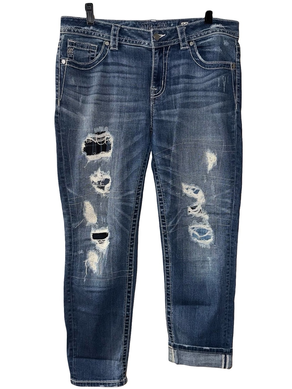 Miss Me Torn Contrast Destoyed Patch Boyfriend Ankle Jeans JB5151A329 Sz 28